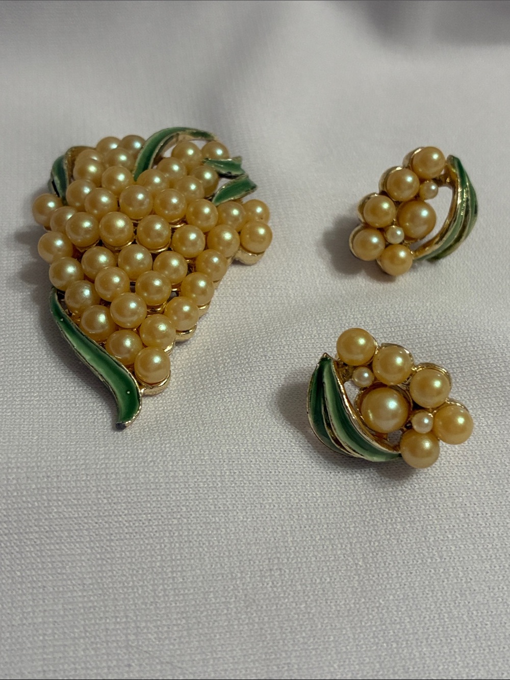 Vintage Pearl Cluster Brooch and Earring Set with Green Enamel Leaves